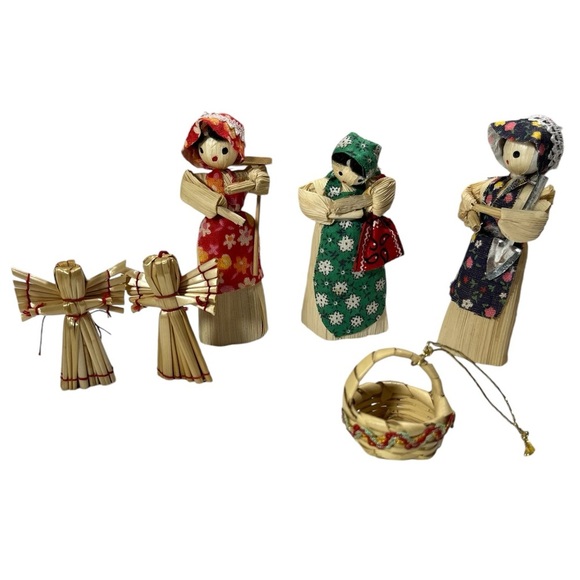 Folk Art Corn Husk Dolls + Angels + Basket Set of 6 Miniatures / Ornaments - Picture 1 of 9